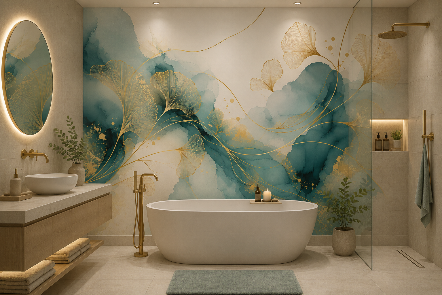 Fototapete Ginkgo Linien in Gold und Aquarell