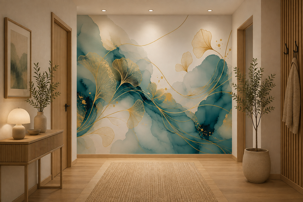 Fototapete Ginkgo Linien in Gold und Aquarell