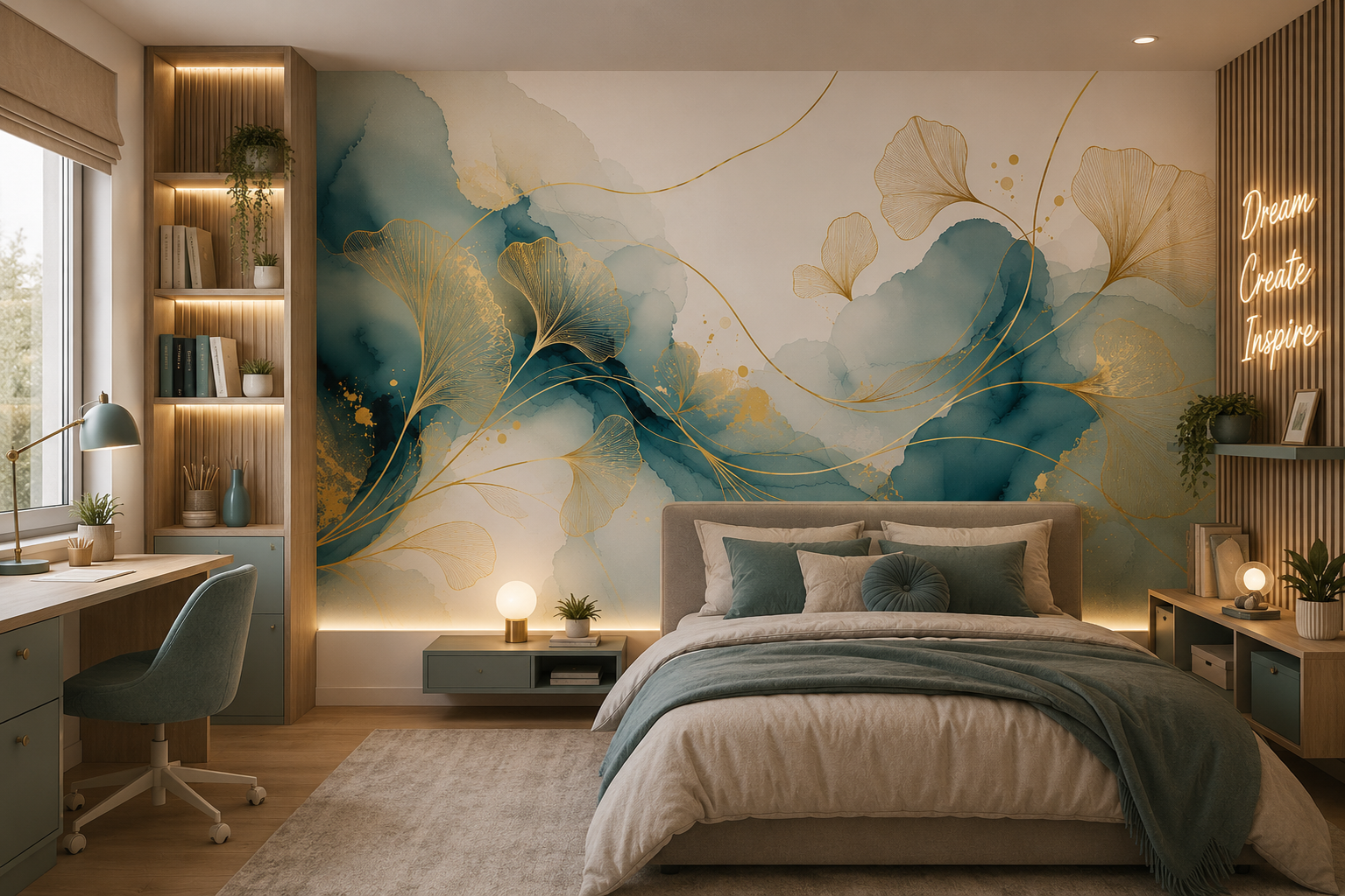 Fototapete Ginkgo Linien in Gold und Aquarell