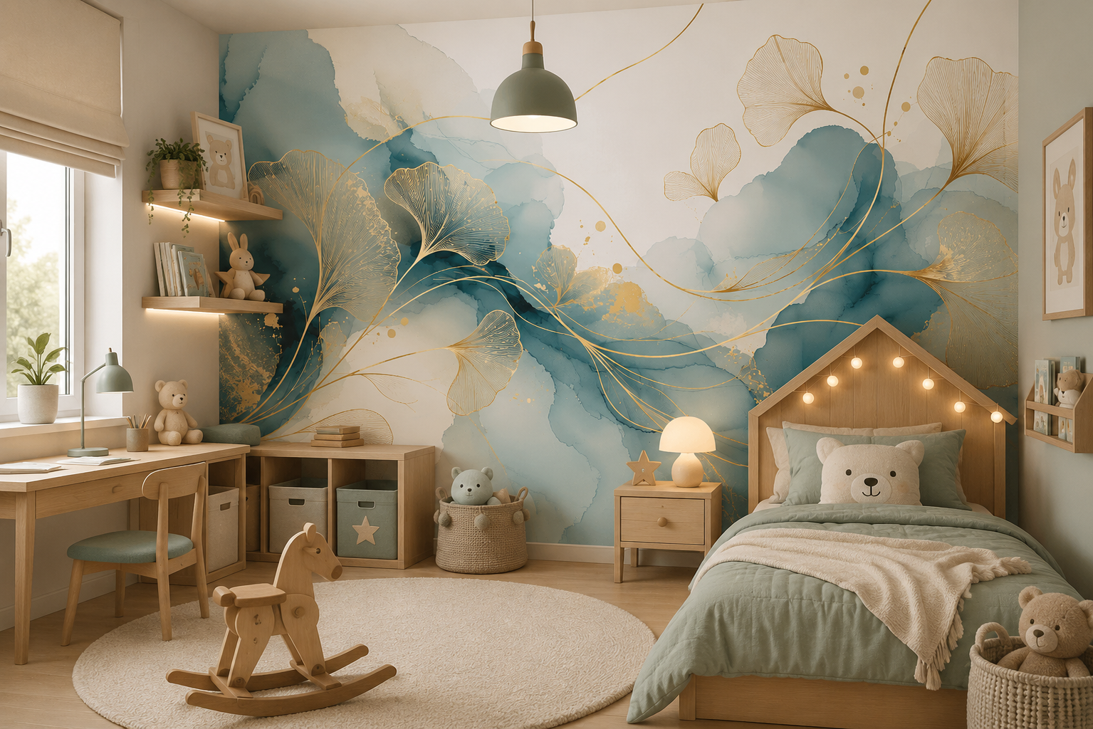 Fototapete Ginkgo Linien in Gold und Aquarell