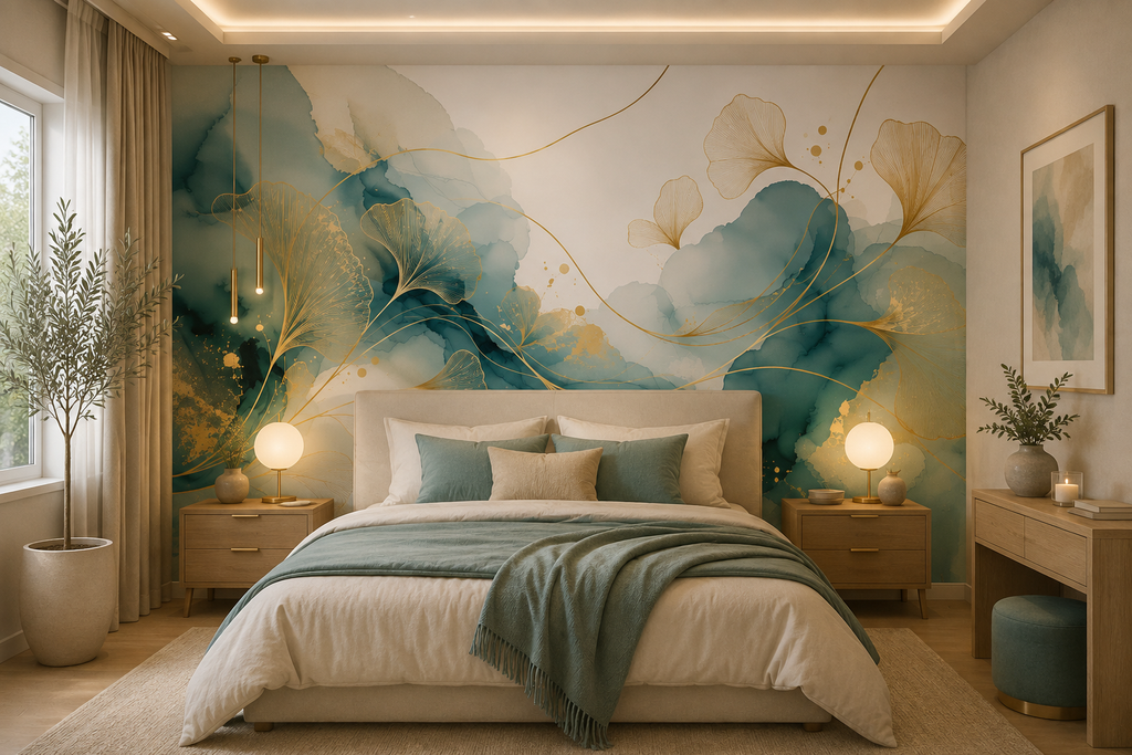 Fototapete Ginkgo Linien in Gold und Aquarell