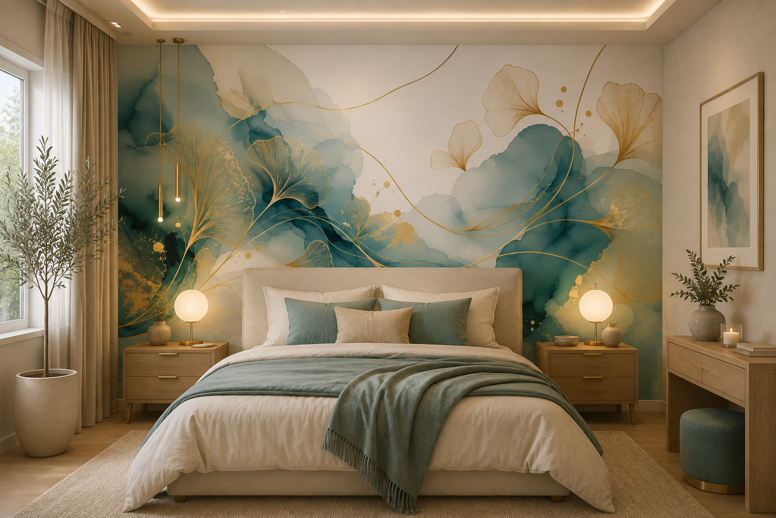 Fototapete Ginkgo Linien in Gold und Aquarell