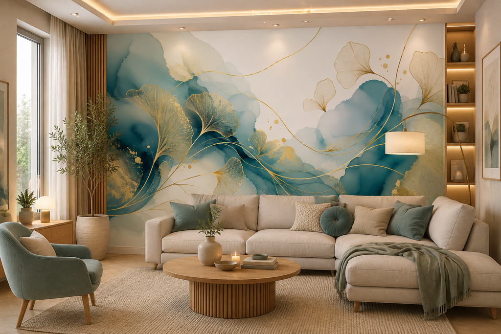 Fototapete Ginkgo Linien in Gold und Aquarell