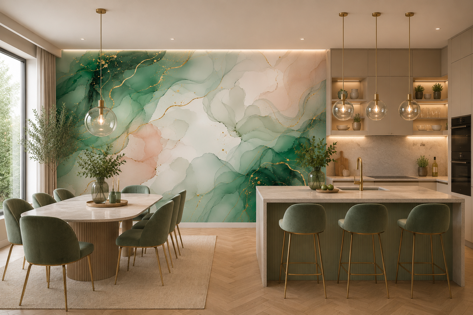 Fototapete Aquarell Marmor in Salbeigrün und Gold