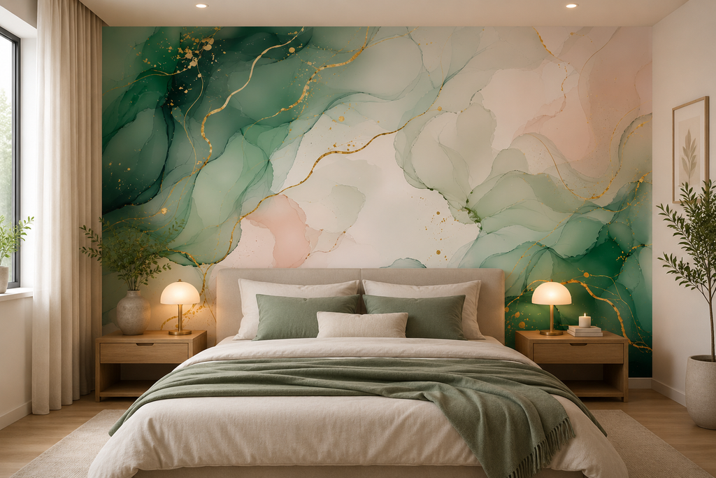 Fototapete Aquarell Marmor in Salbeigrün und Gold