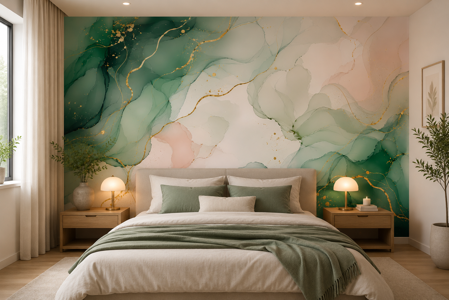 Fototapete Aquarell Marmor in Salbeigrün und Gold