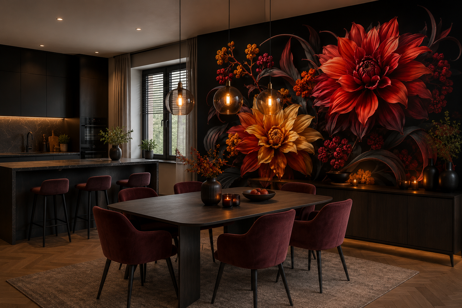 Fototapete Elegante Dahlien auf schwarzem Hintergrund