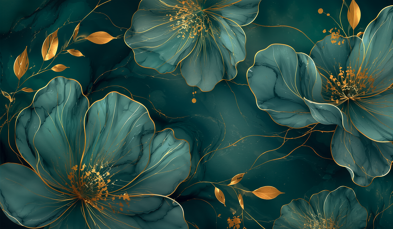Fototapete Elegante Blüten in Petrol und Gold