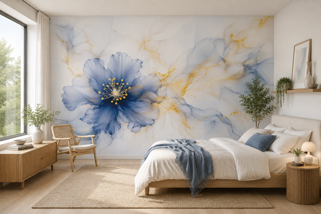 Fototapete Blaue Blüte mit goldenen Akzenten