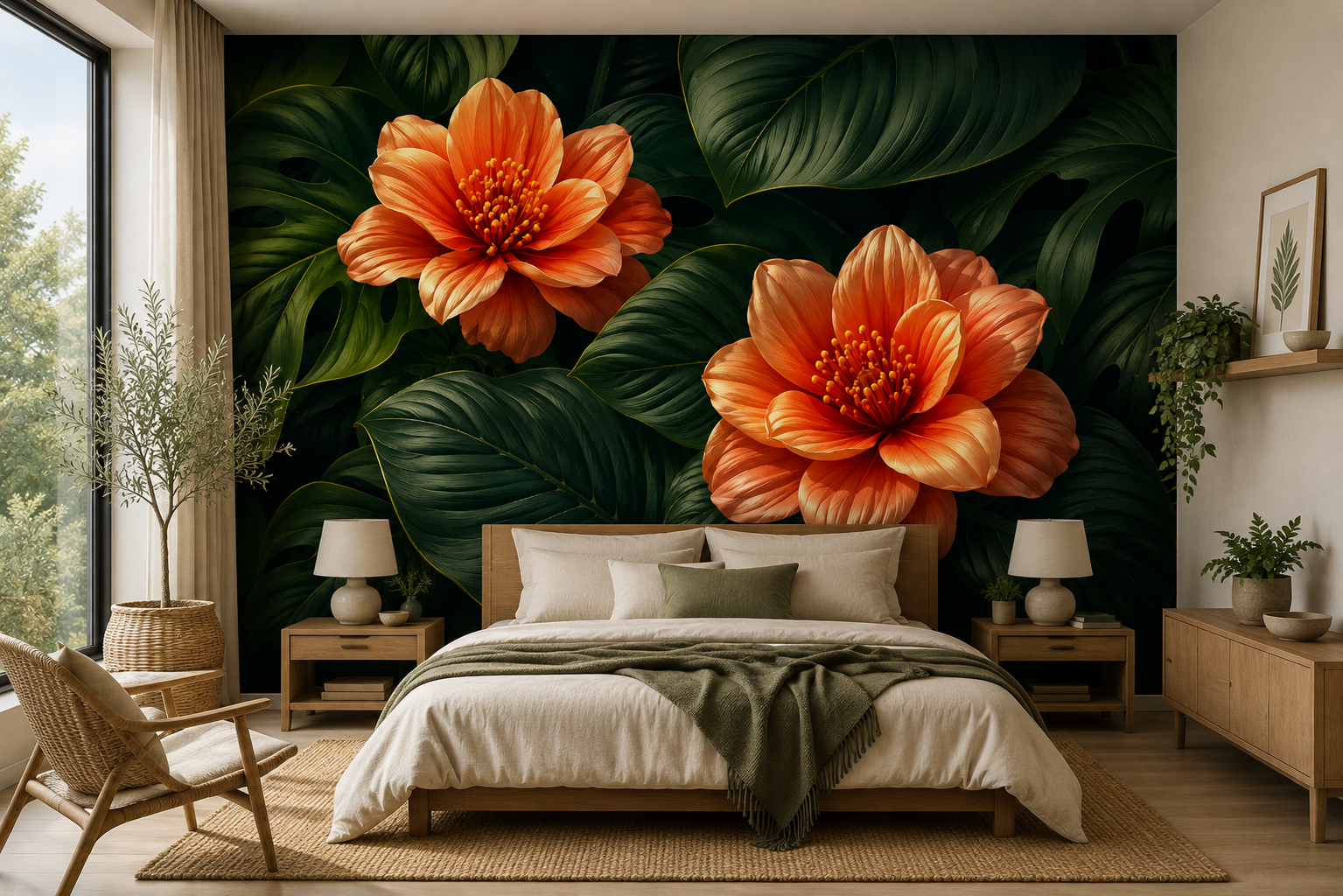 Fototapete Tropische Blüten mit Monstera-Blättern