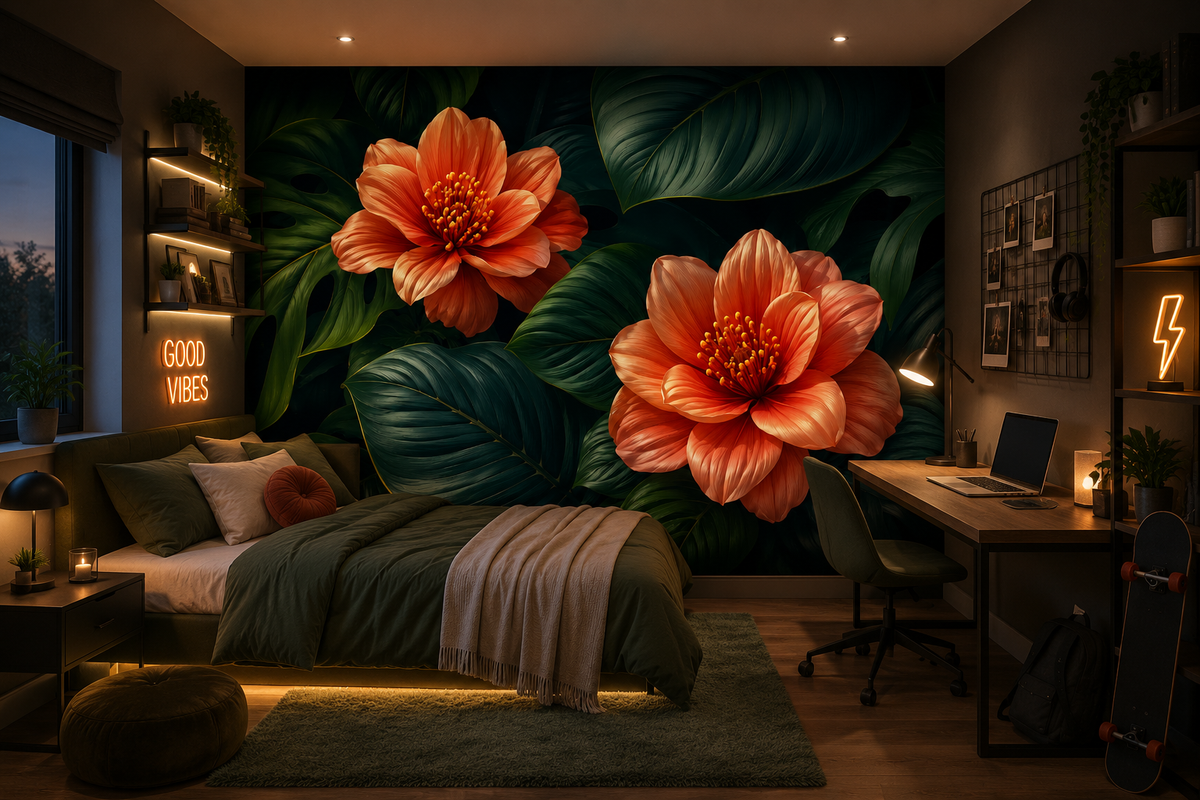 Fototapete Tropische Blüten mit Monstera-Blättern