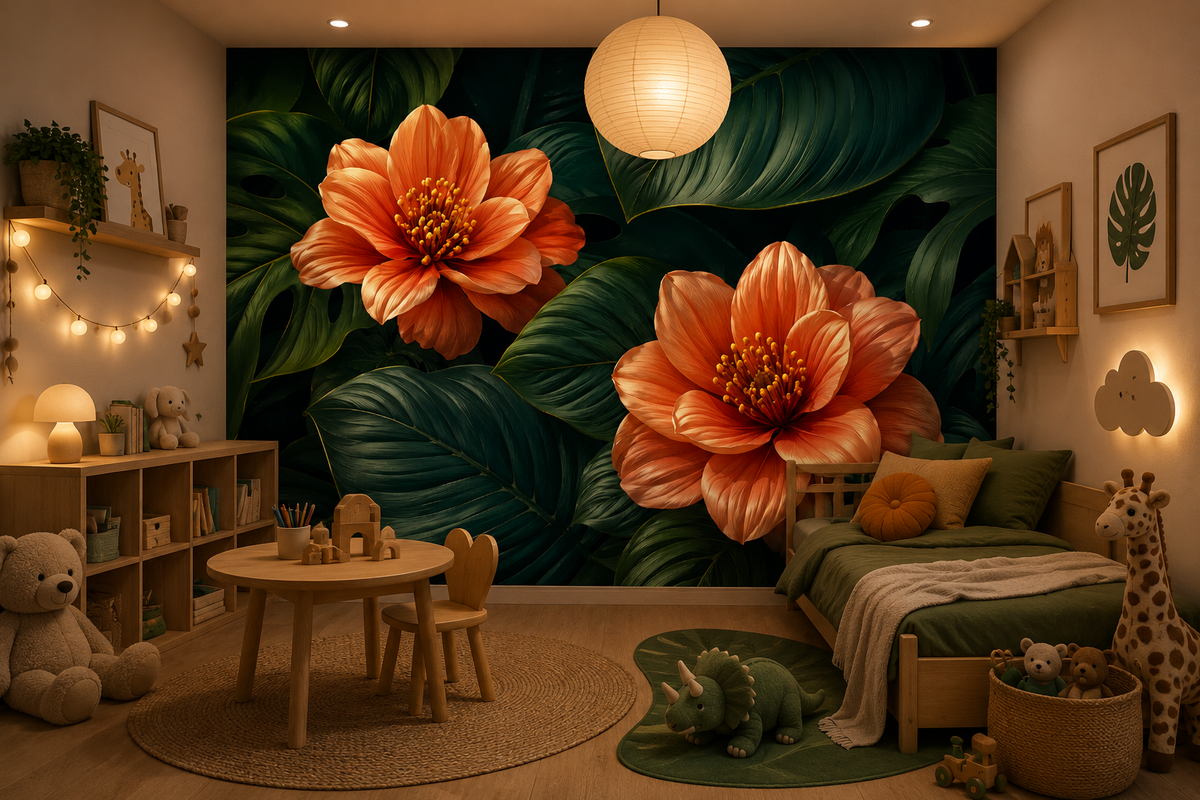 Fototapete Tropische Blüten mit Monstera-Blättern