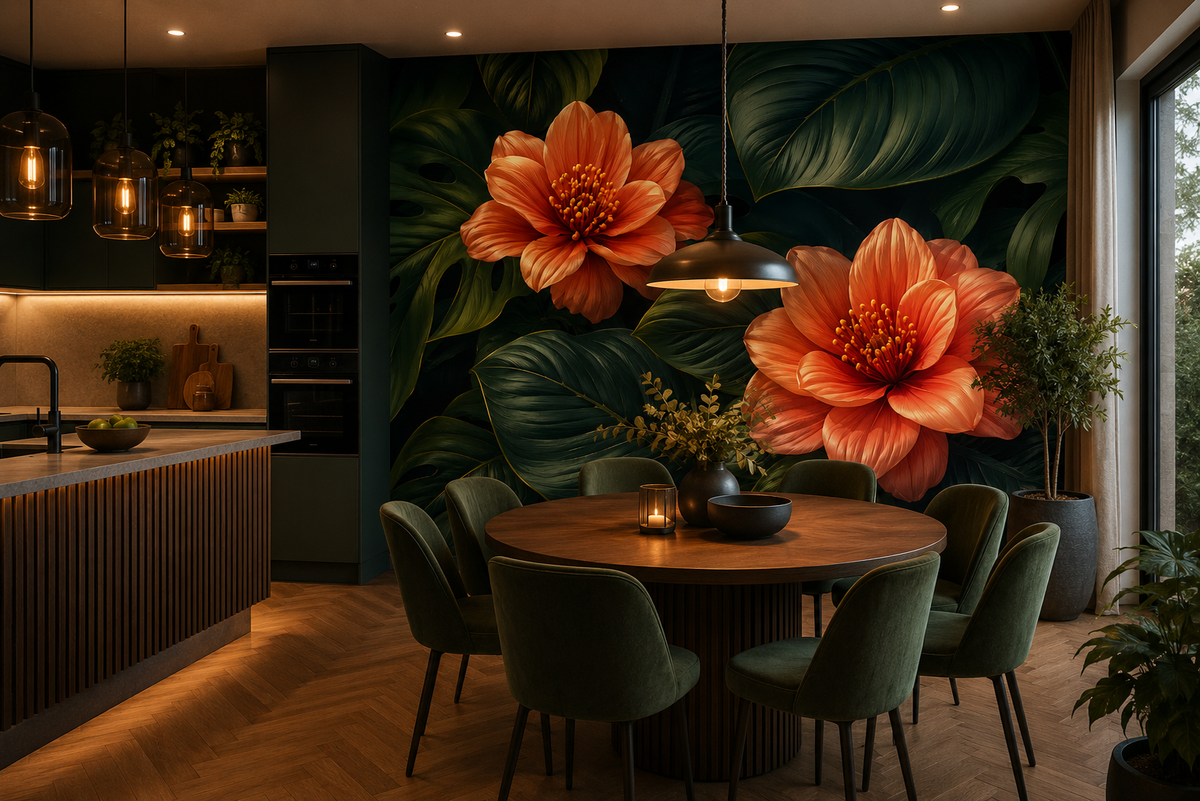Fototapete Tropische Blüten mit Monstera-Blättern