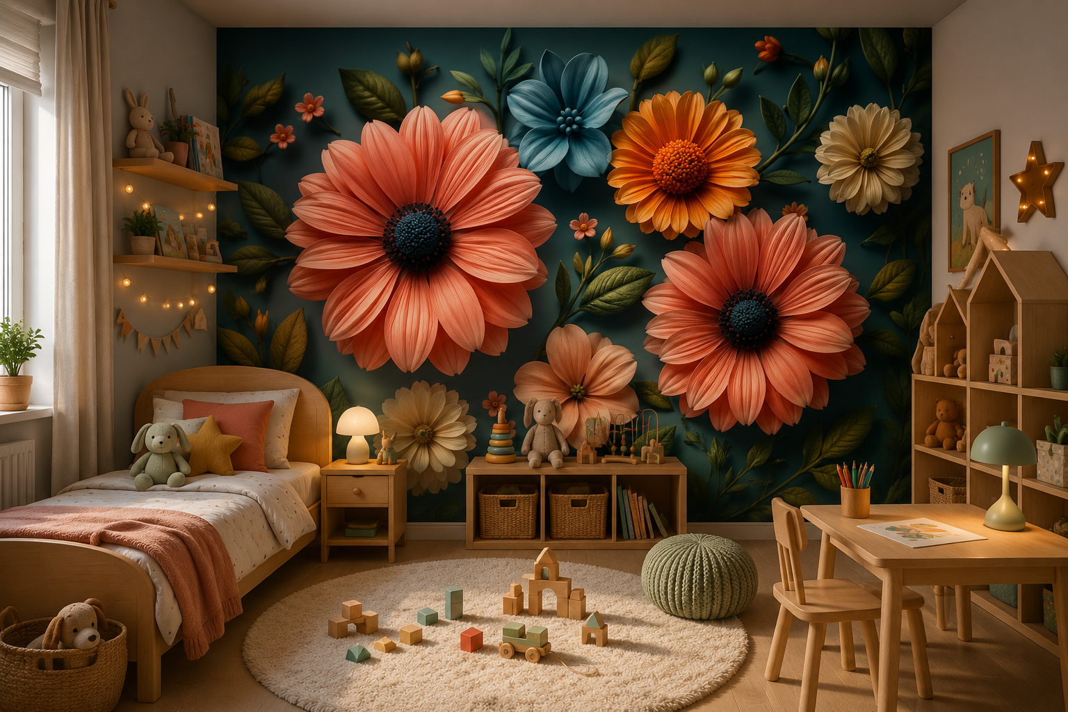 Fototapete Pastellblumen auf petrolfarbenem Hintergrund