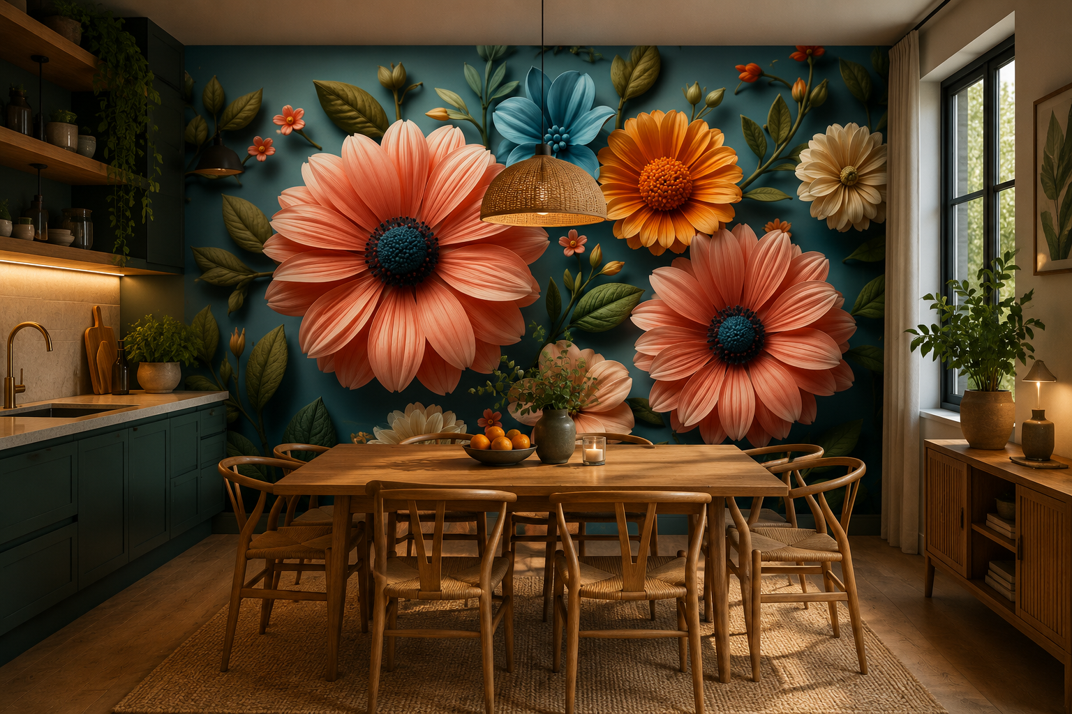 Fototapete Pastellblumen auf petrolfarbenem Hintergrund