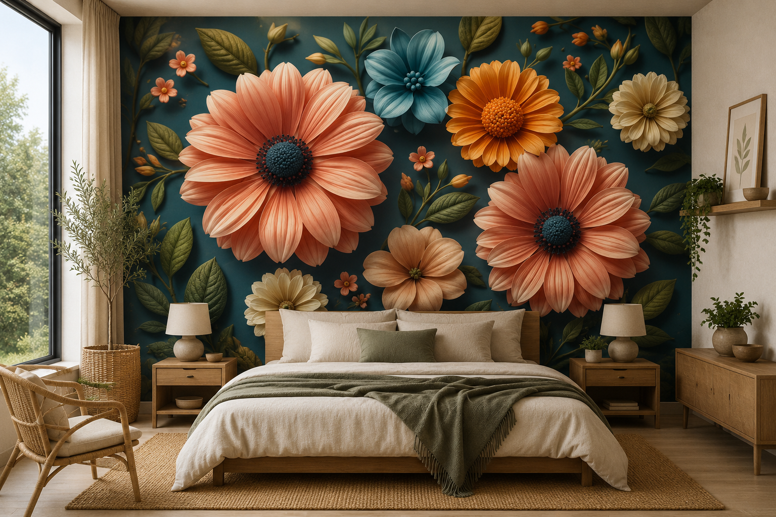 Fototapete Pastellblumen auf petrolfarbenem Hintergrund