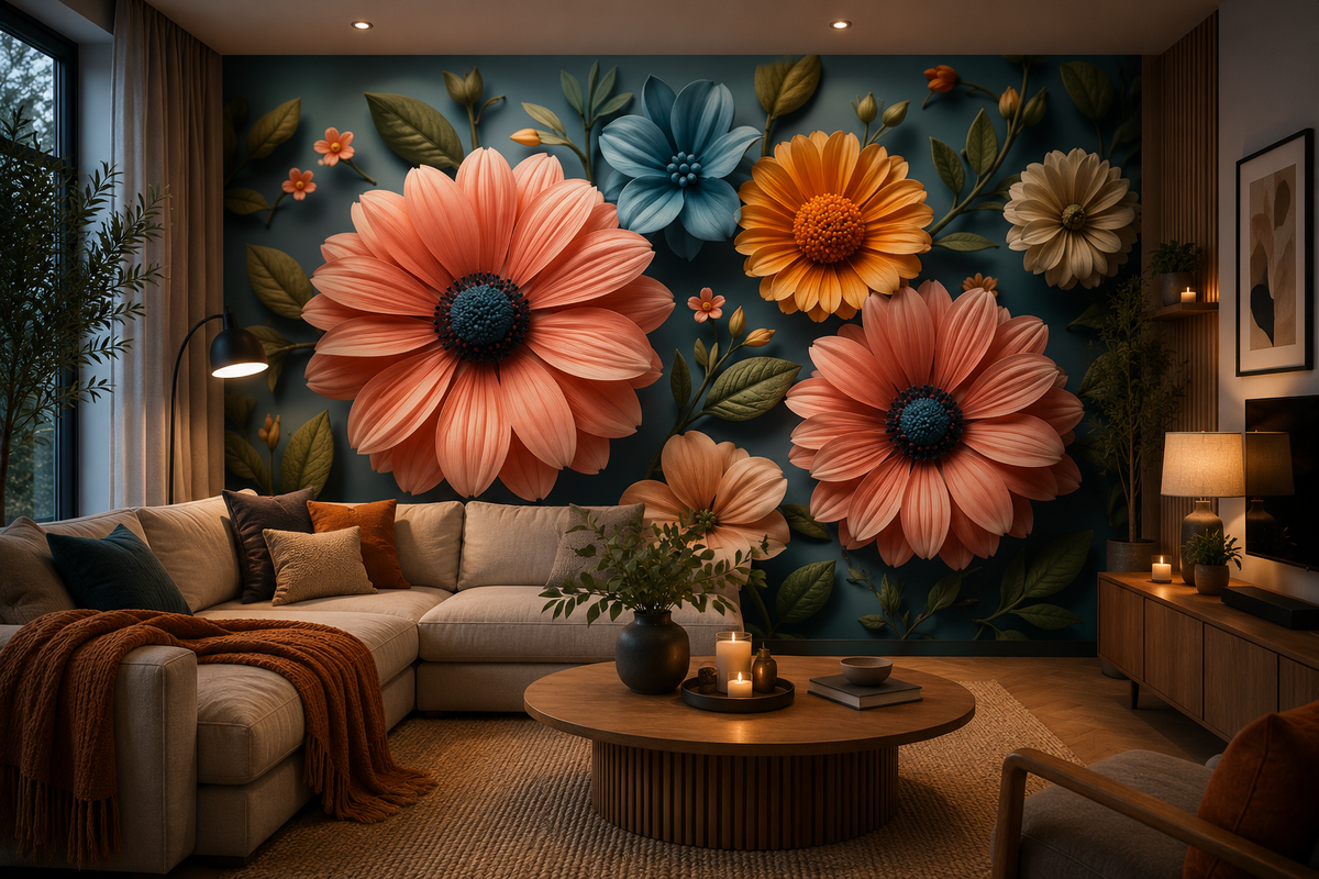 Fototapete Pastellblumen auf petrolfarbenem Hintergrund