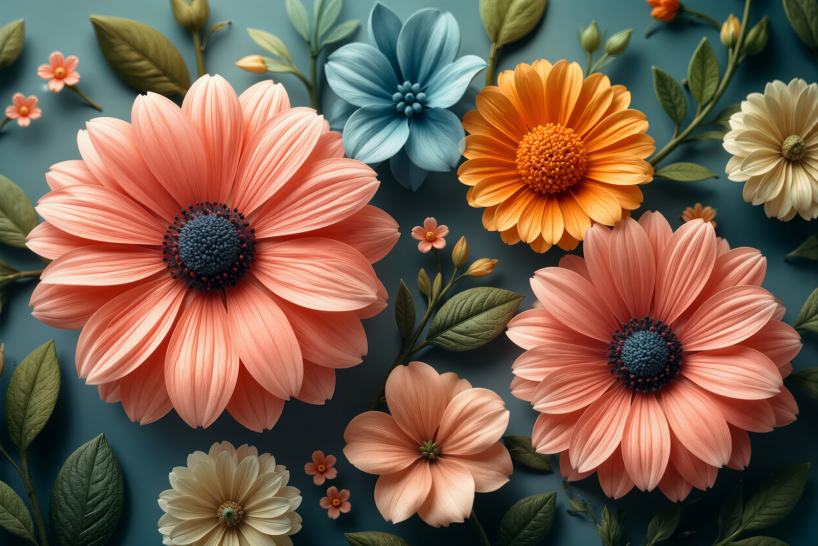 Fototapete Pastellblumen auf petrolfarbenem Hintergrund