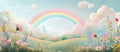 Fototapete Pastell Regenbogen mit Blumenlandschaft