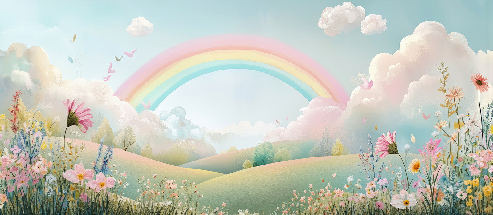 Fototapete Pastell Regenbogen mit Blumenlandschaft