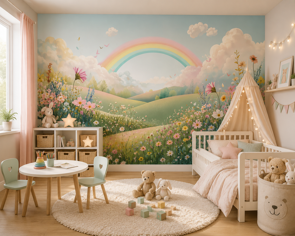 Fototapete Pastell Regenbogen mit Blumenlandschaft