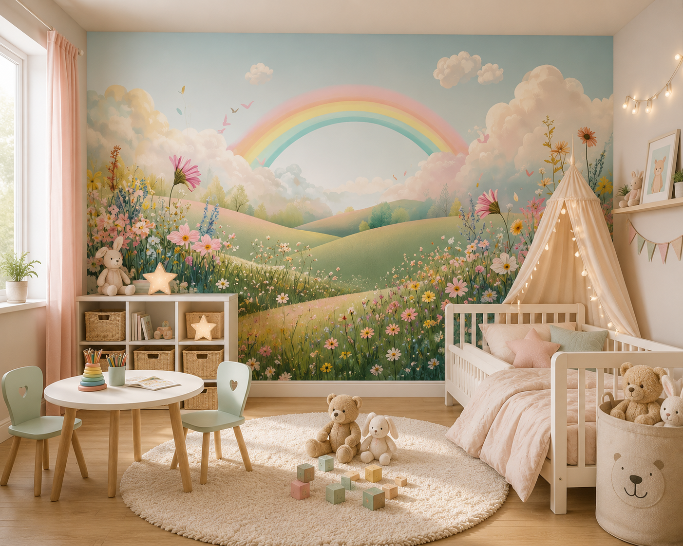 Fototapete Pastell Regenbogen mit Blumenlandschaft