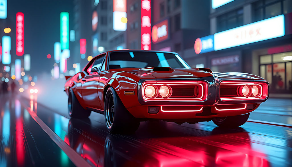Fototapete Retro Sportwagen bei Nacht in der Neonstadt