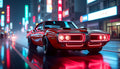 Fototapete Retro Sportwagen bei Nacht in der Neonstadt
