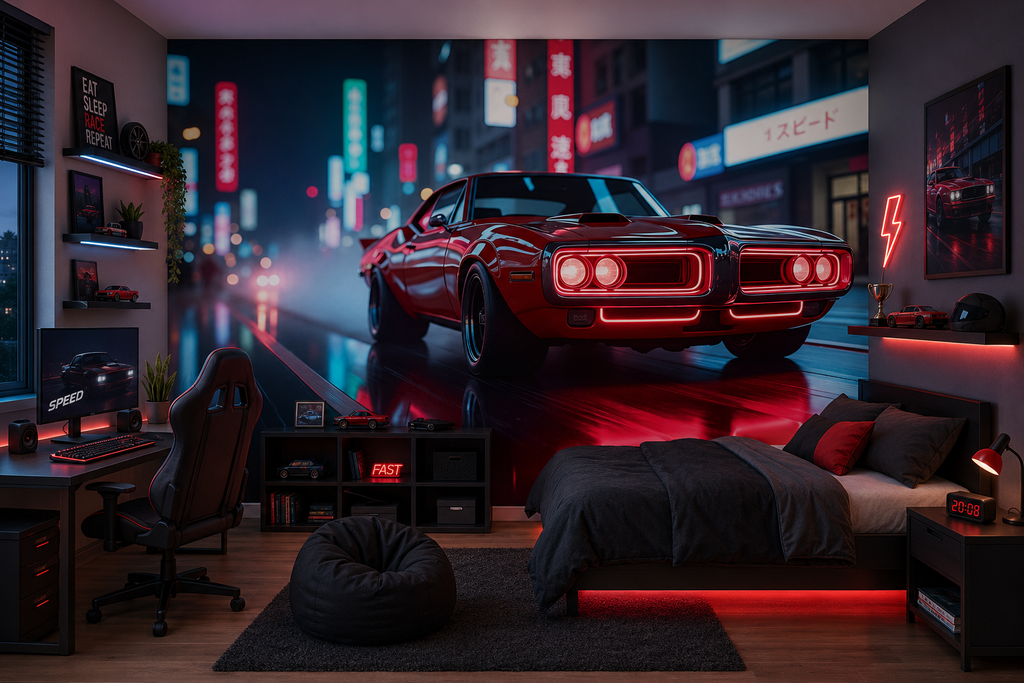 Fototapete Retro Sportwagen bei Nacht in der Neonstadt