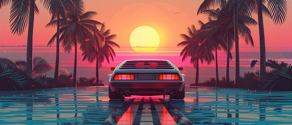 Fototapete Retro Sportwagen mit Palmen bei Sonnenuntergang