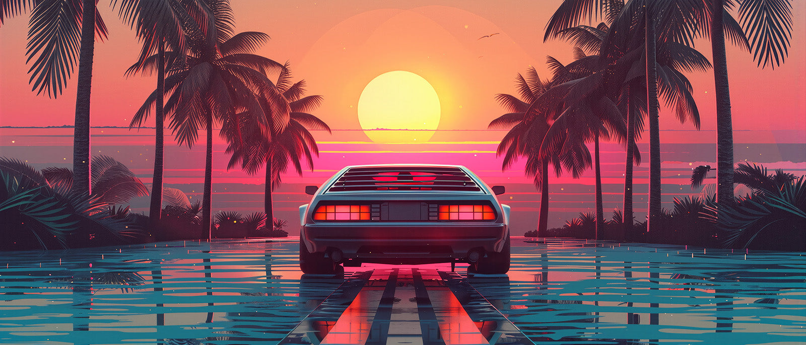Fototapete Retro Sportwagen mit Palmen bei Sonnenuntergang