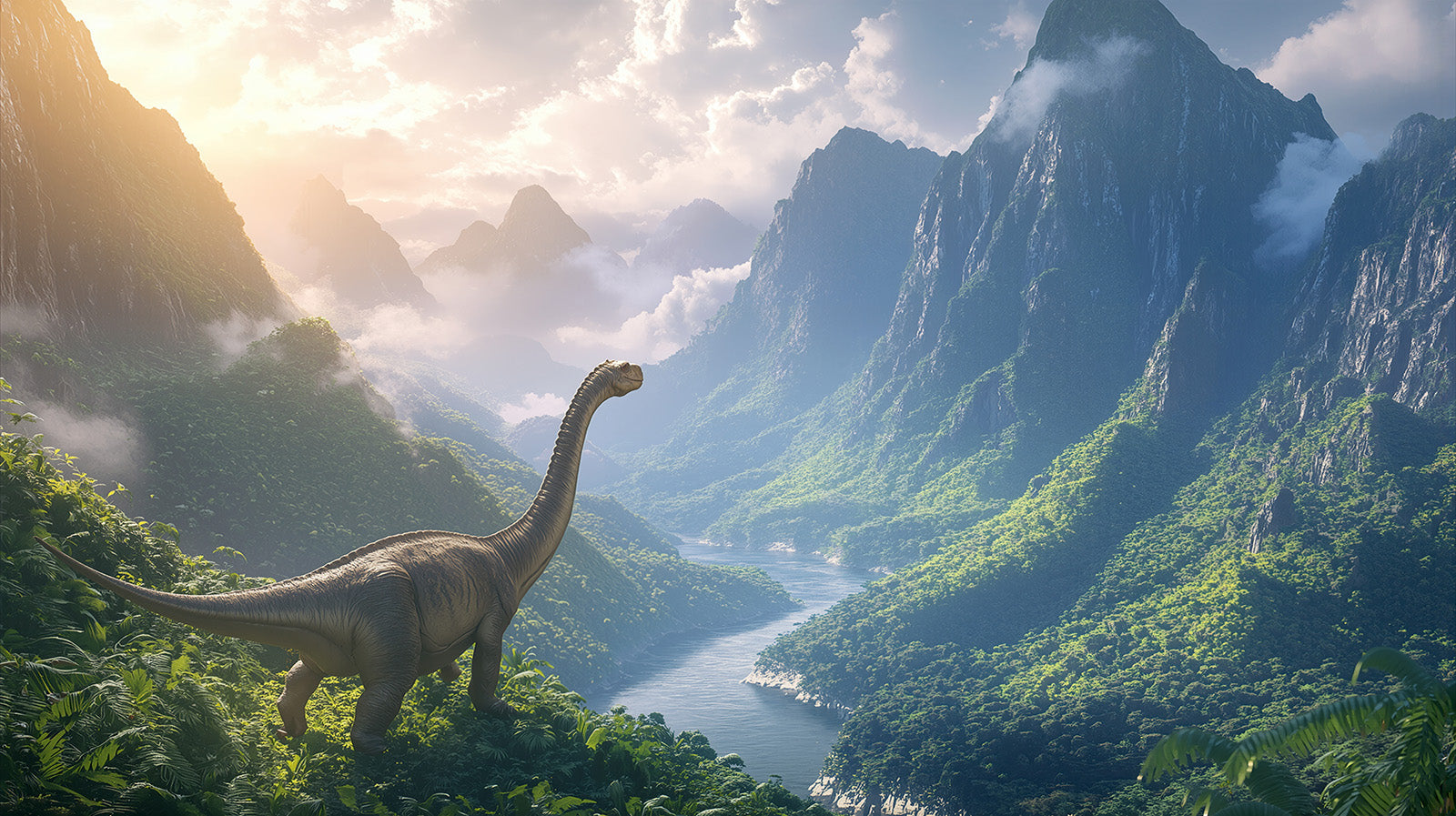 Fototapete Dinosaurier in majestätischer Berglandschaft für Jungenzimmer