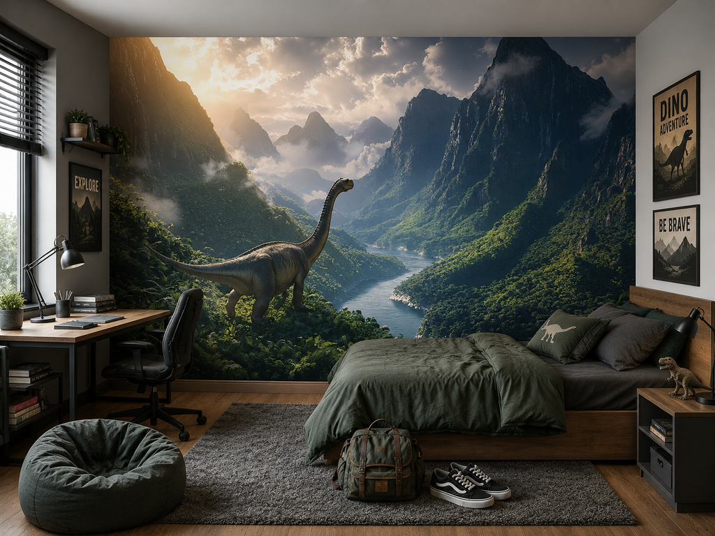 Fototapete Dinosaurier in majestätischer Berglandschaft für Jungenzimmer