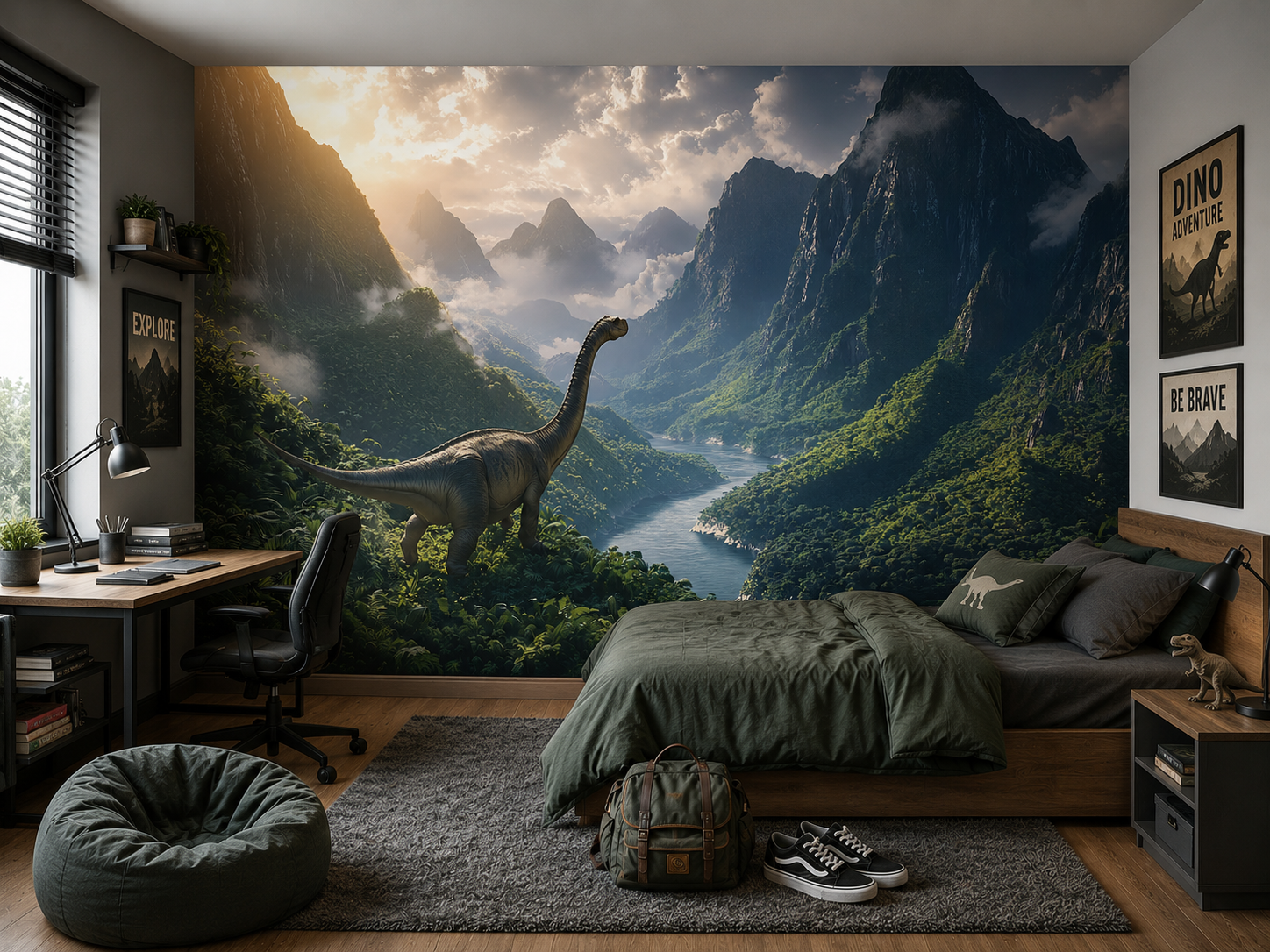 Fototapete Dinosaurier in majestätischer Berglandschaft für Jungenzimmer