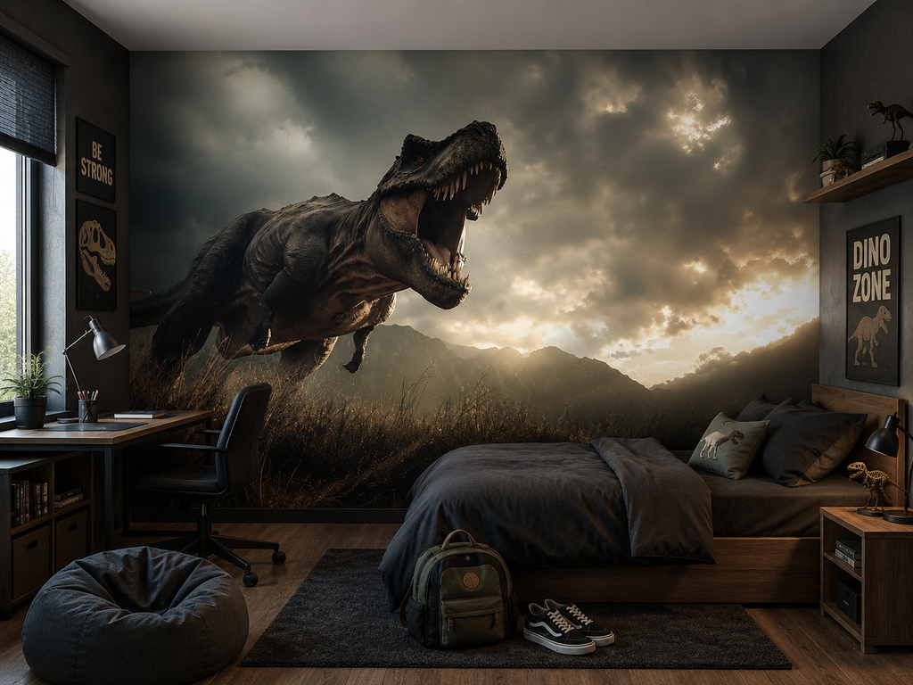 Fototapete T-Rex in dramatischer Berglandschaft für Jungenzimmer