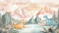 Fototapete Aquarell Dinosaurier in Berglandschaft für Jungenzimmer
