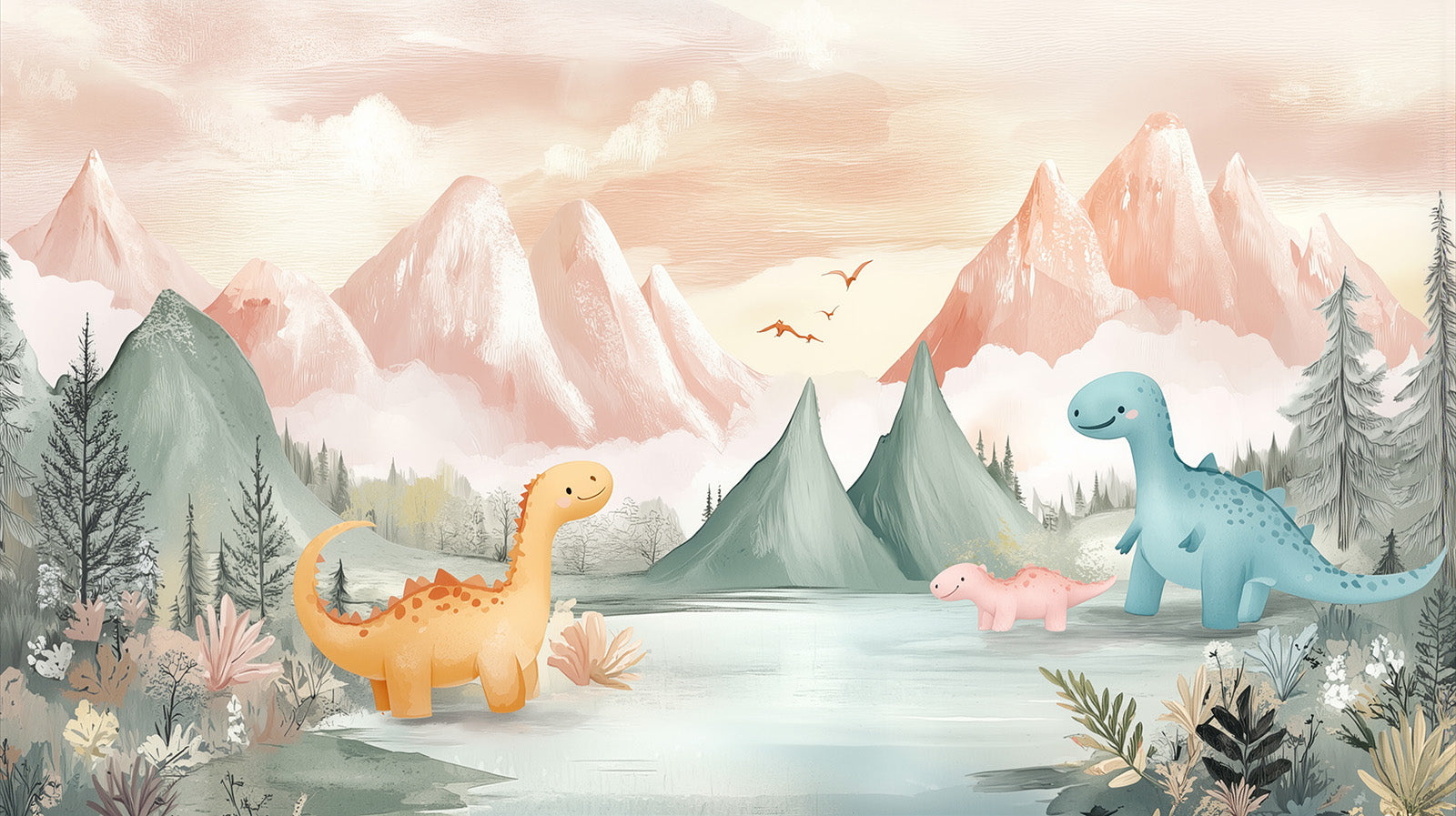 Fototapete Aquarell Dinosaurier in Berglandschaft für Jungenzimmer