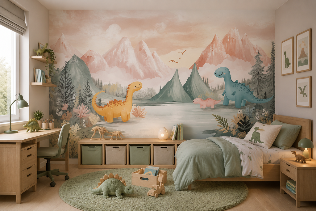 Fototapete Aquarell Dinosaurier in Berglandschaft für Jungenzimmer