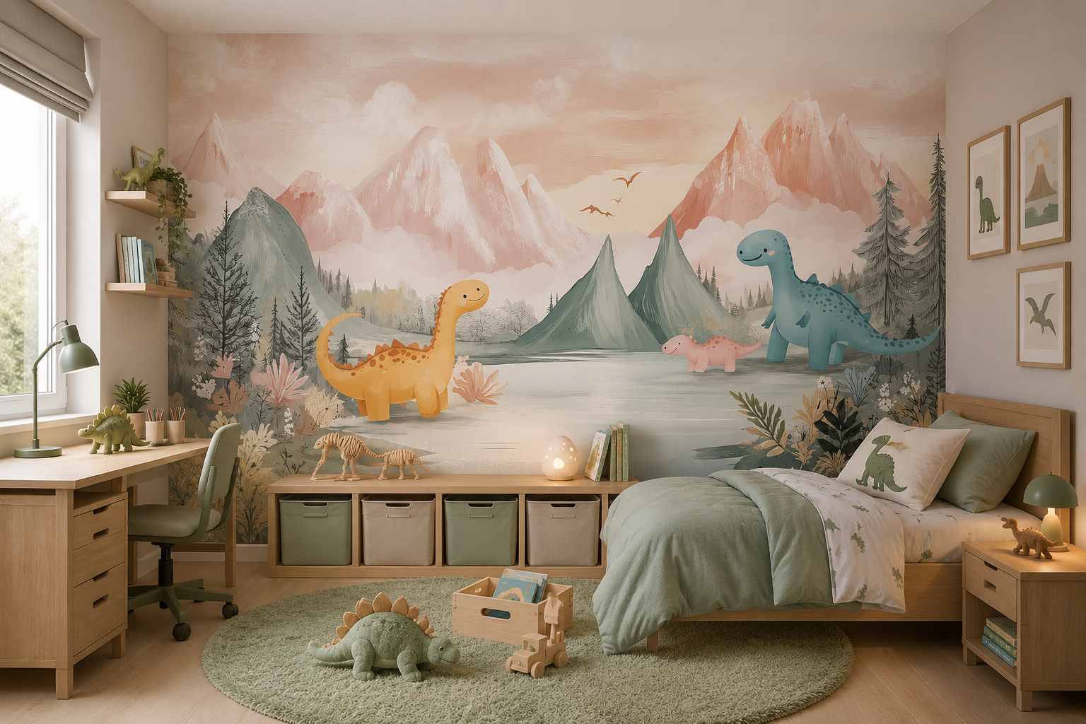 Fototapete Aquarell Dinosaurier in Berglandschaft für Jungenzimmer