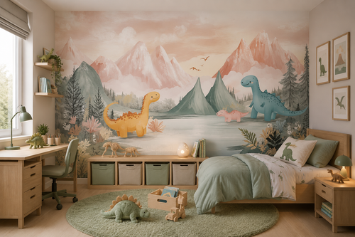 Fototapete Aquarell Dinosaurier in Berglandschaft für Jungenzimmer