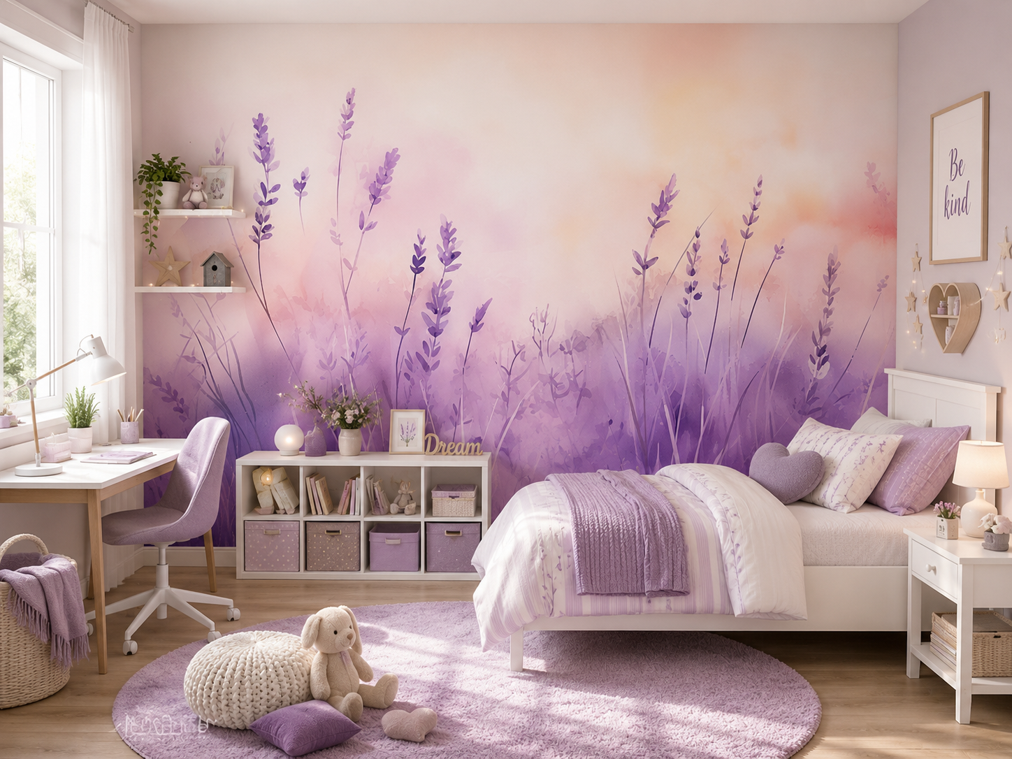 Fototapete Aquarell Lavendelfeld in Pastell für Mädchenzimmer