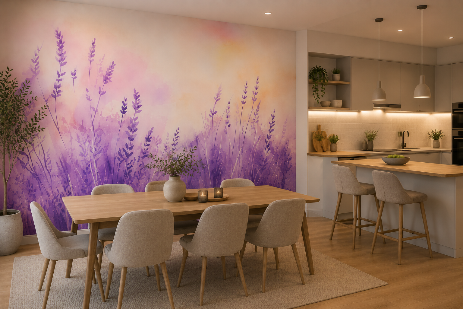 Fototapete Aquarell Lavendelfeld in Pastell für Mädchenzimmer