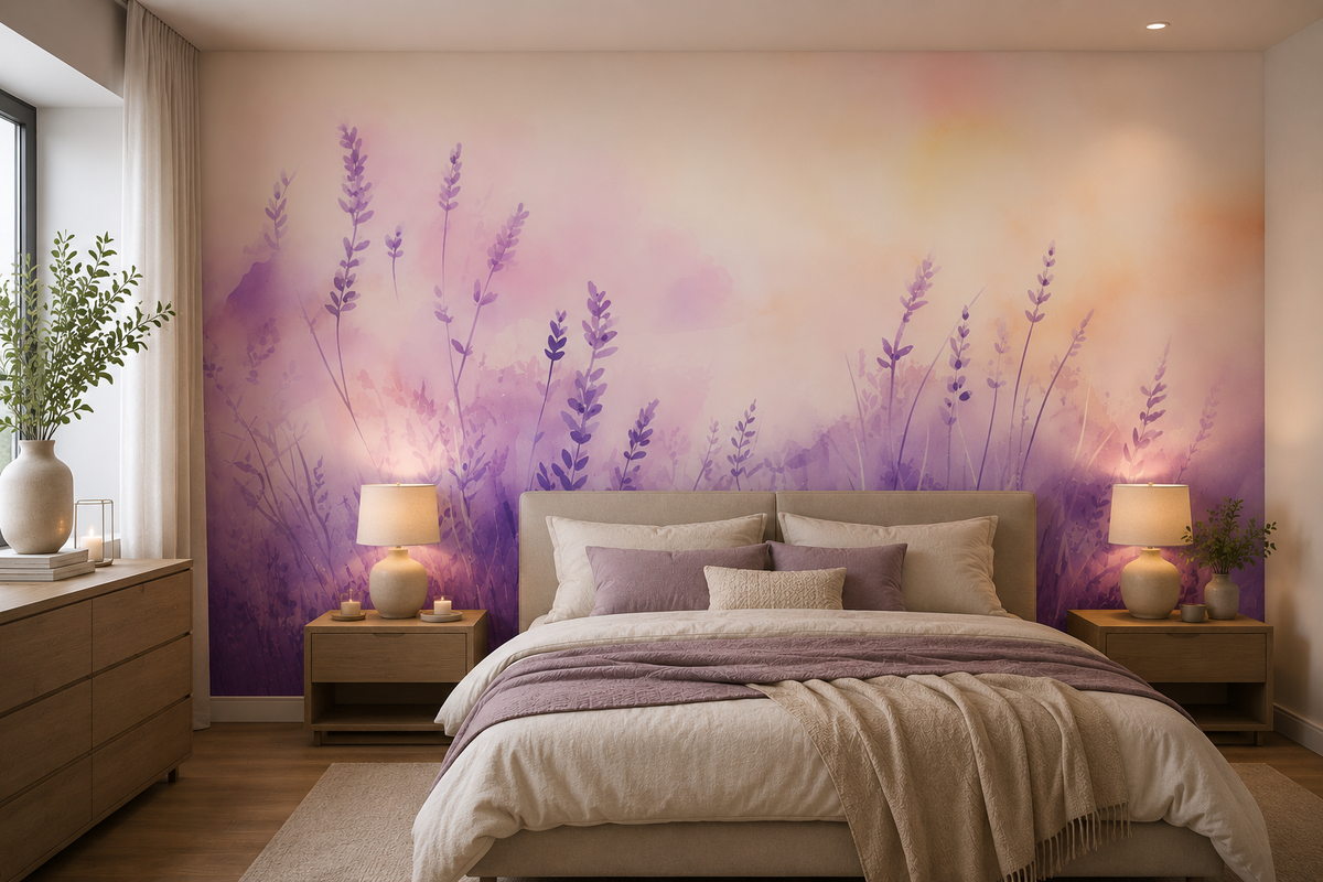 Fototapete Aquarell Lavendelfeld in Pastell für Mädchenzimmer