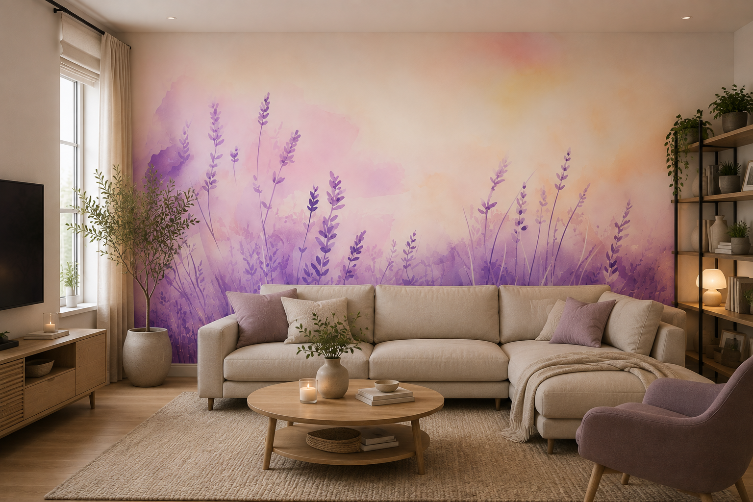 Fototapete Aquarell Lavendelfeld in Pastell für Mädchenzimmer