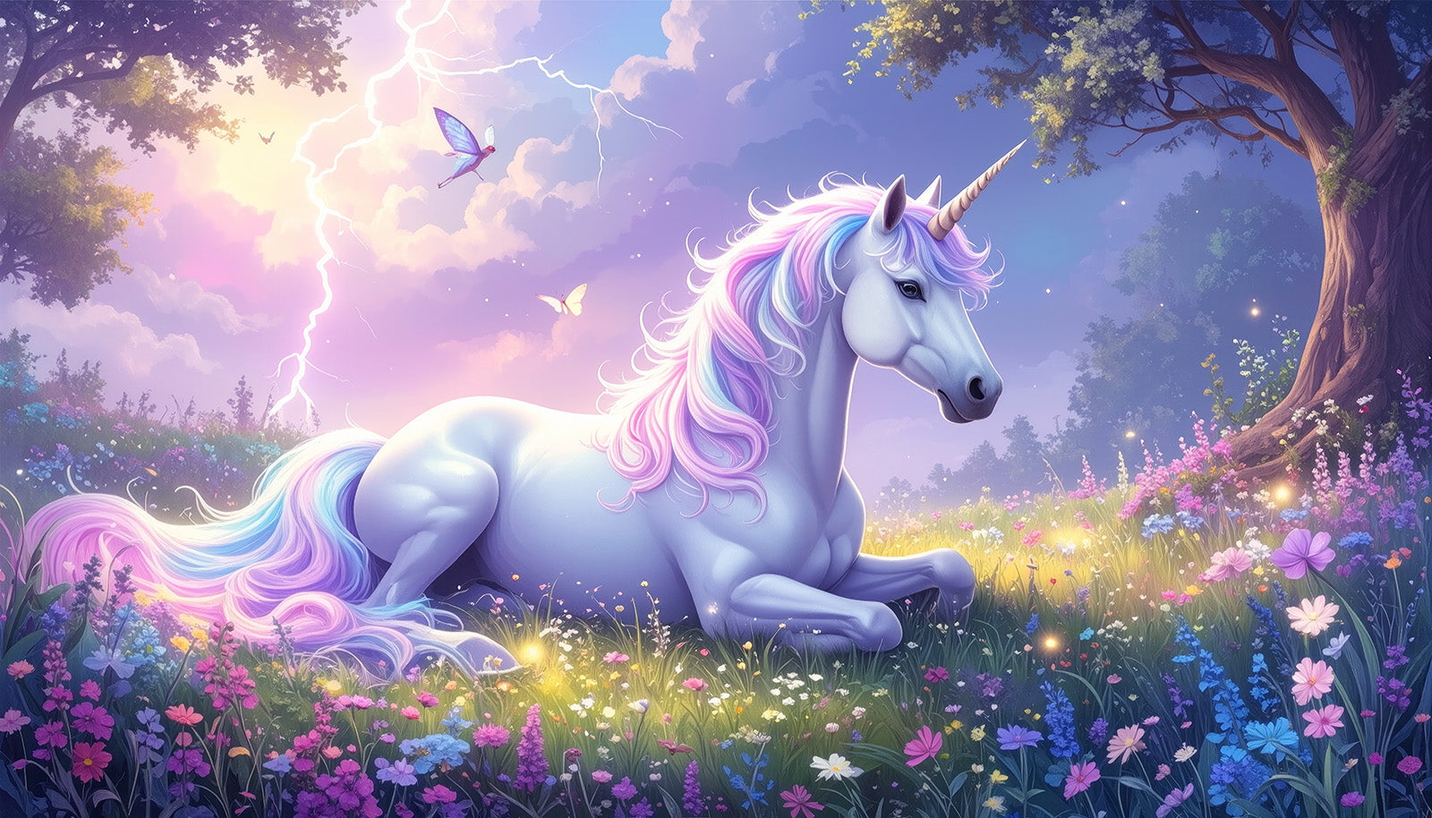 Fototapete Magisches Einhorn auf Blumenwiese für Mädchenzimmer