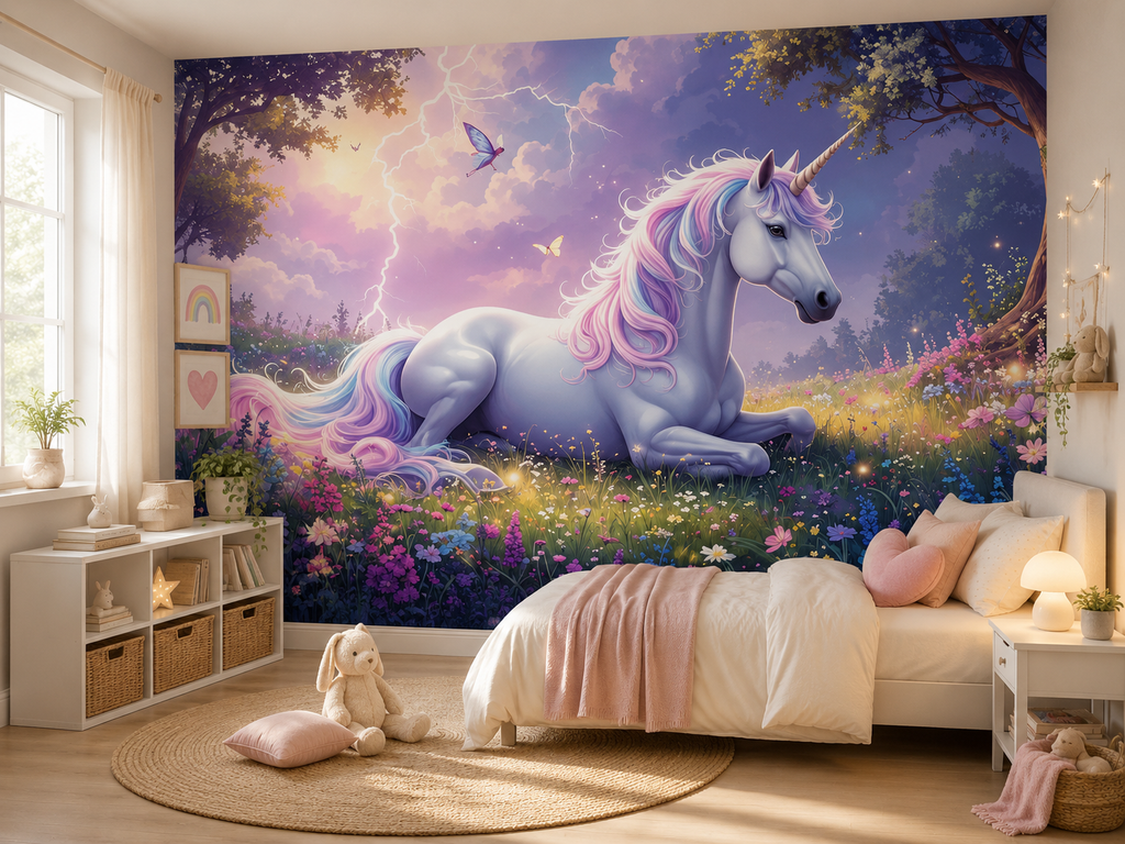 Fototapete Magisches Einhorn auf Blumenwiese für Mädchenzimmer