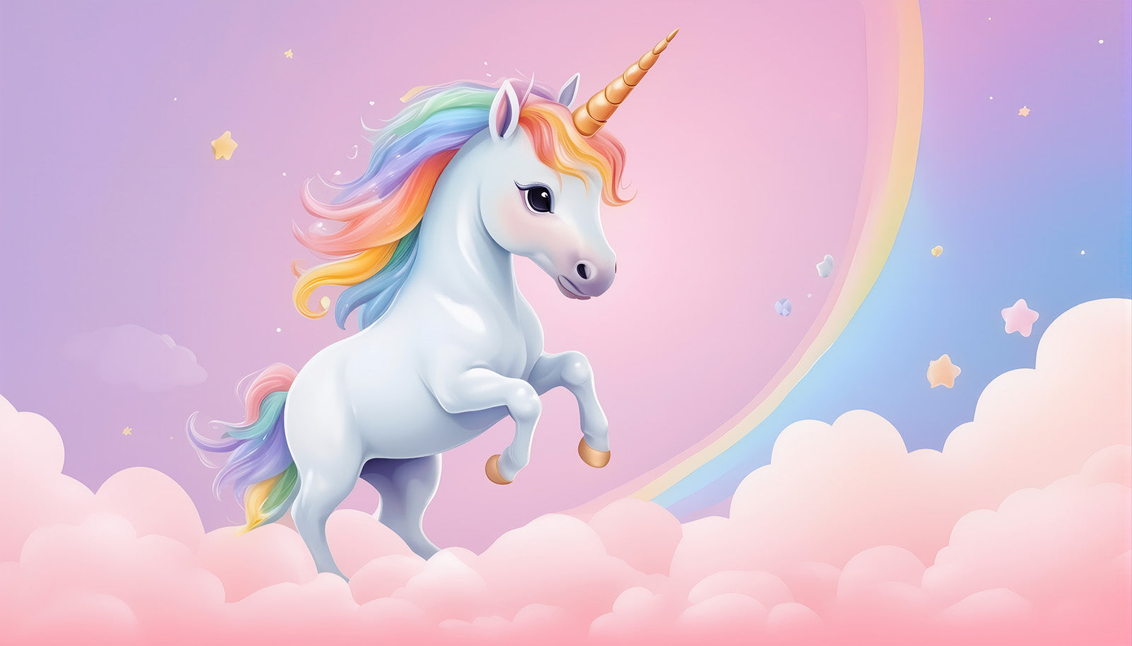 Fototapete Einhorn über den Wolken mit Regenbogen für Mädchenzimmer