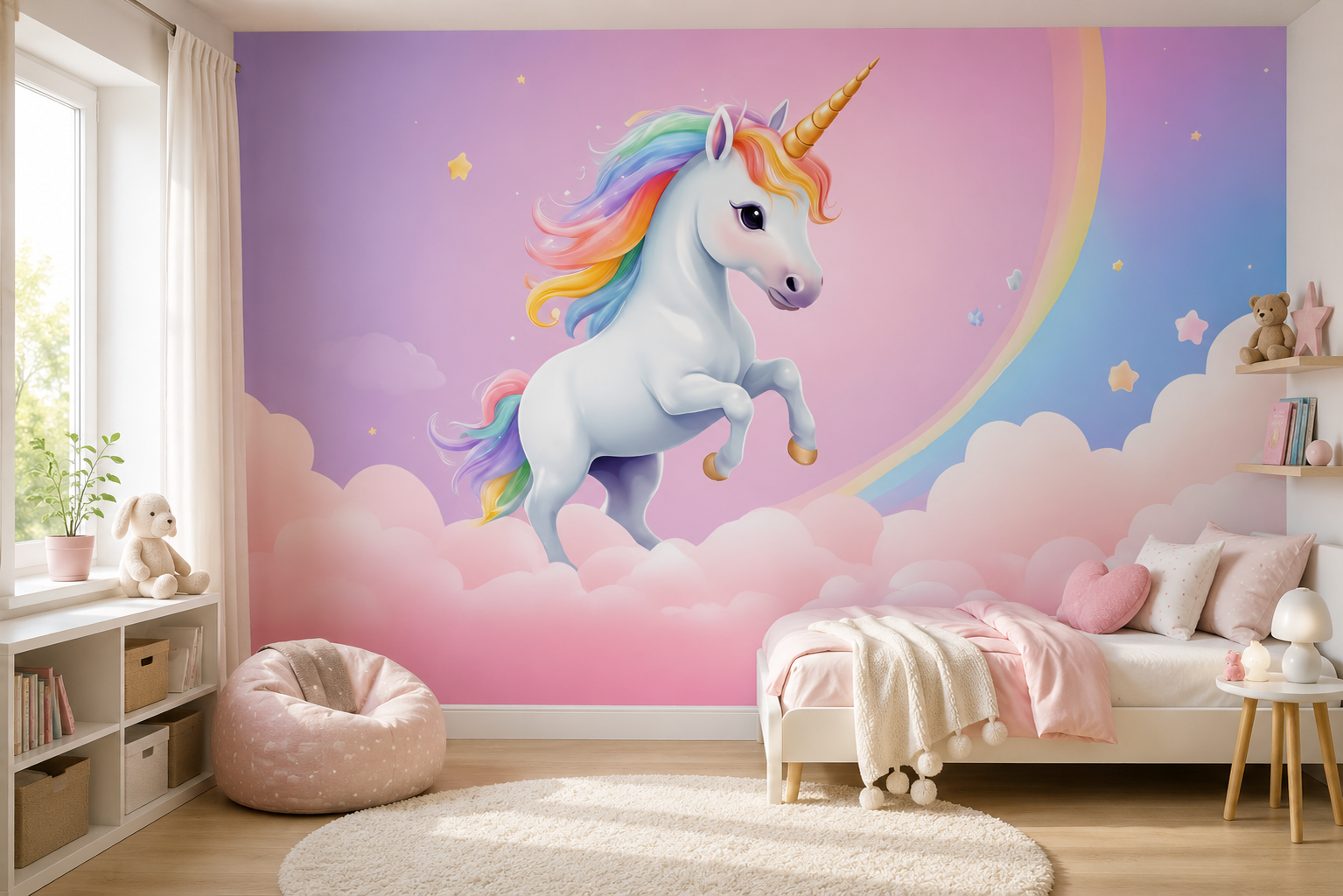 Fototapete Einhorn über den Wolken mit Regenbogen für Mädchenzimmer