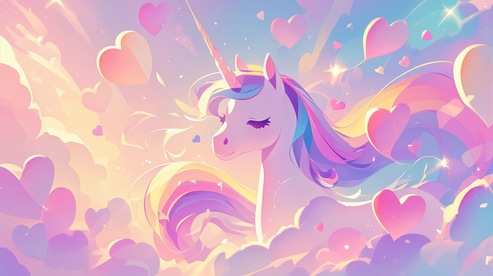 Fototapete Magisches Einhorn mit Herzen und Regenbogen für Mädchenzimmer