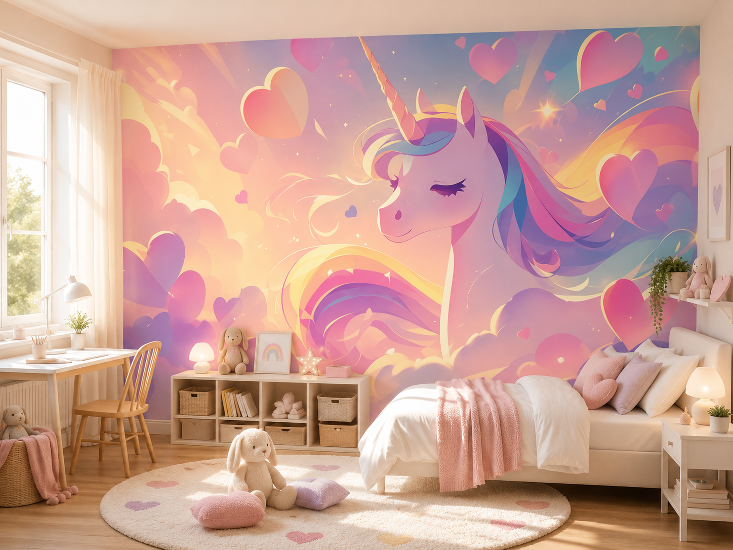 Fototapete Magisches Einhorn mit Herzen und Regenbogen für Mädchenzimmer